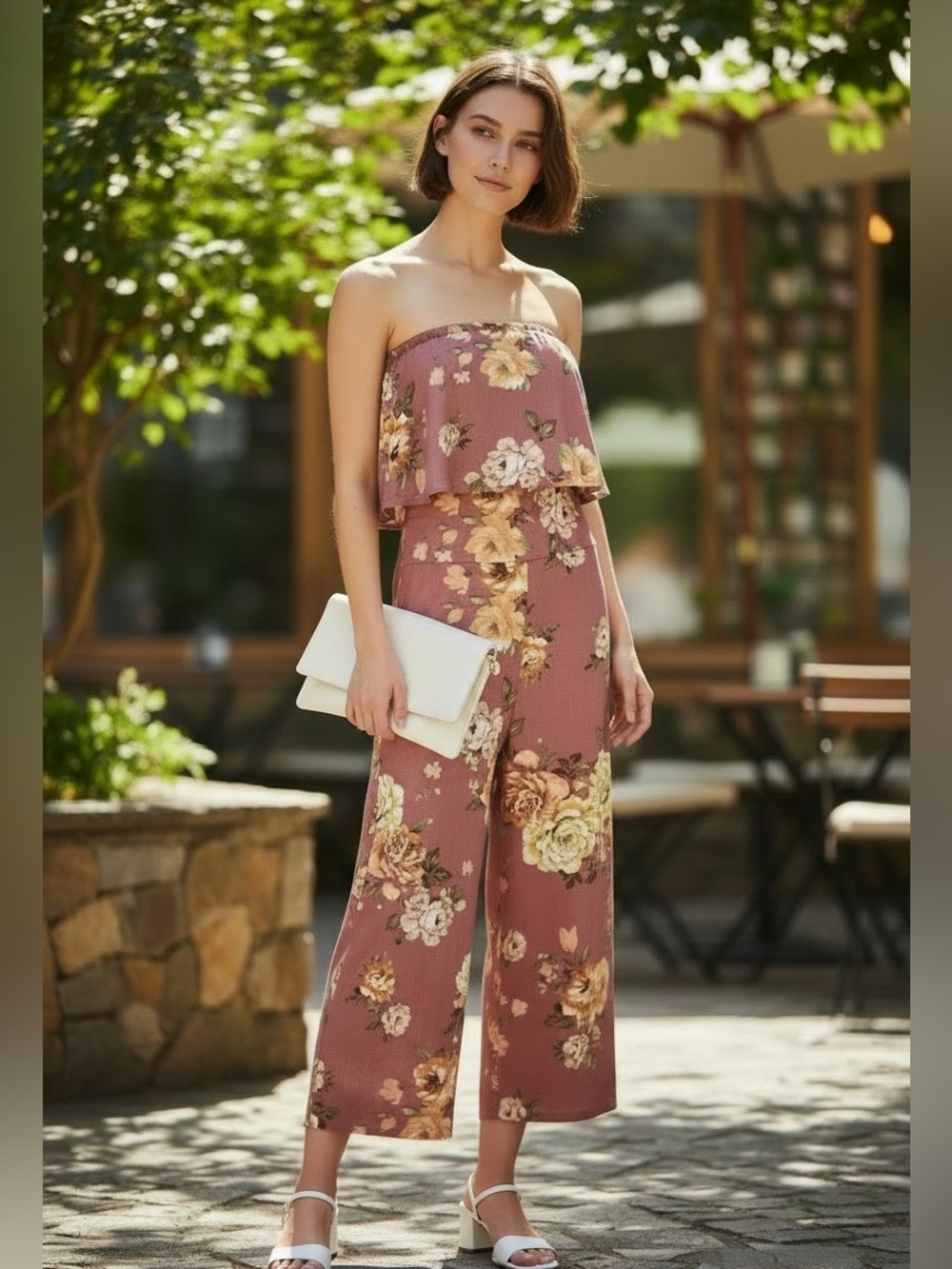 Strapless Mauve Jumpsuit Floral Pattern Wide Leg Crop Size Medium Ruffle Bust